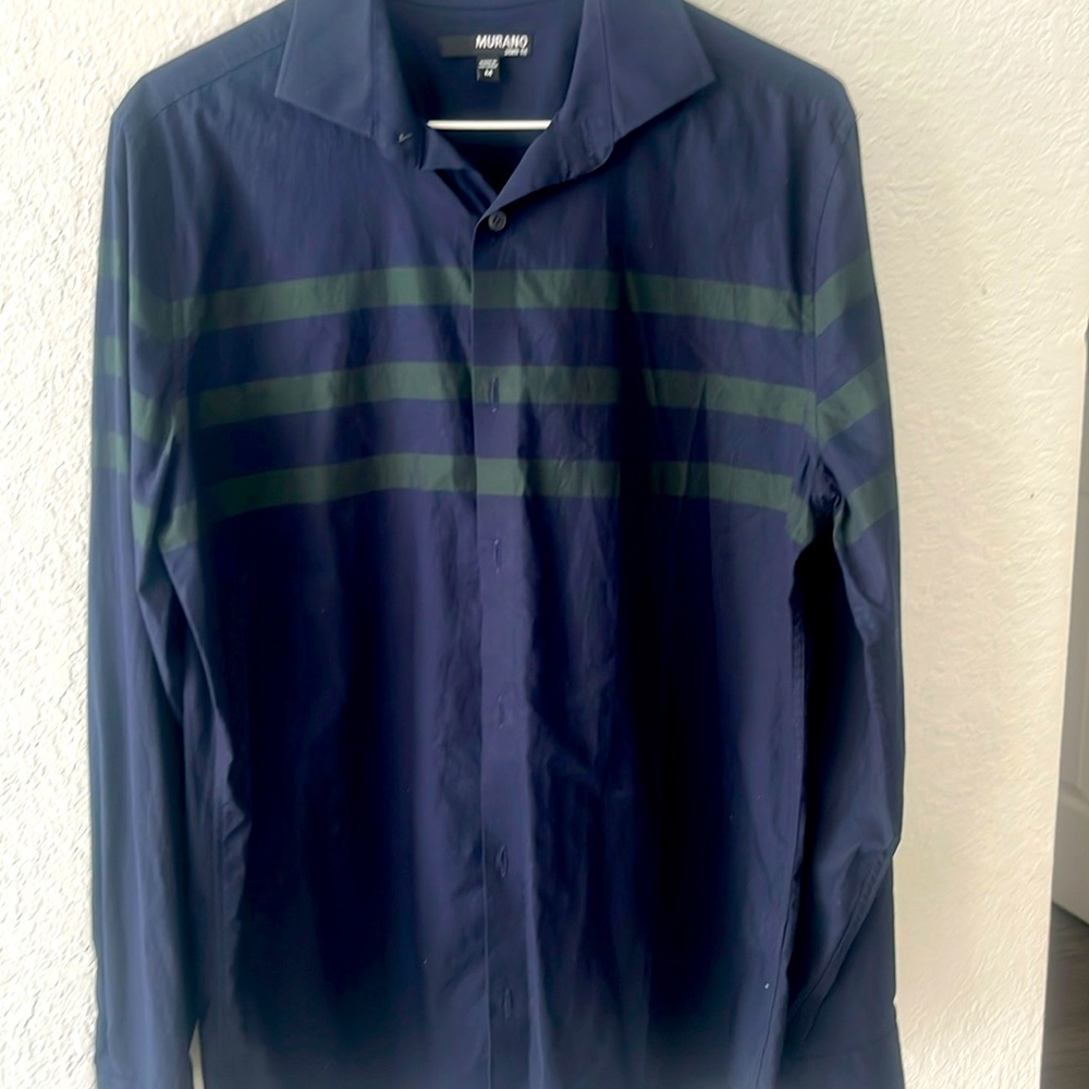 Murano Men’s  buisness casual button down shirt navy blue with green strip